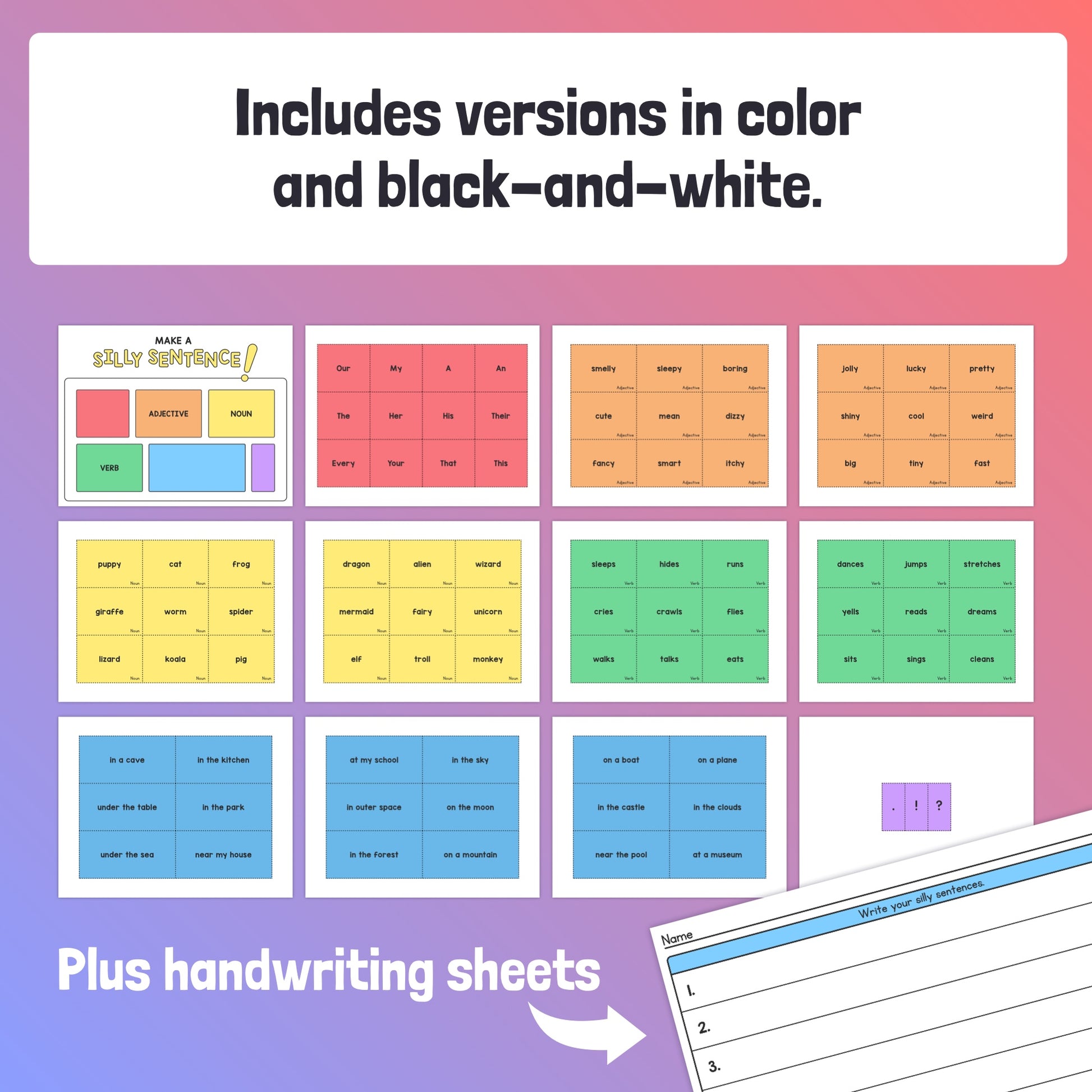 Color and black-and-white Silly Sentences Activity with handwriting sheets.