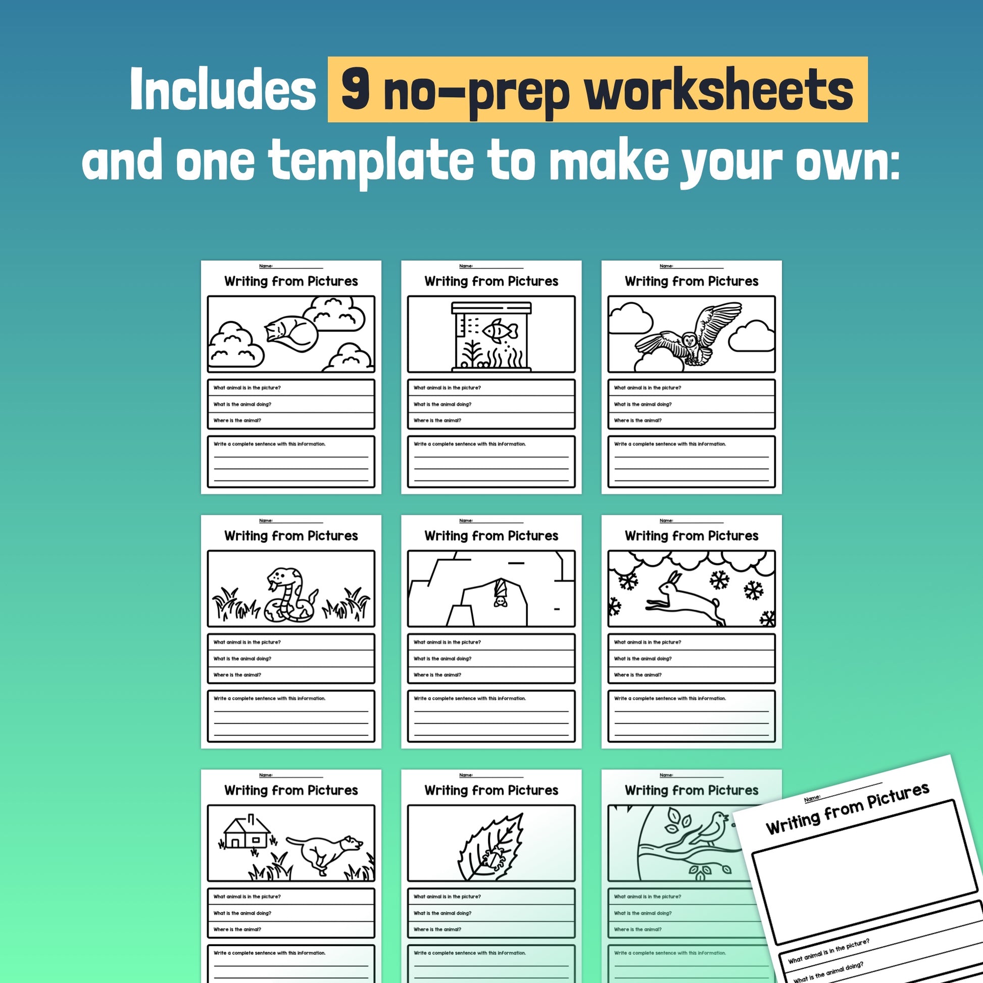 9 worksheets and a template titled "Writing From Pictures Worksheets.