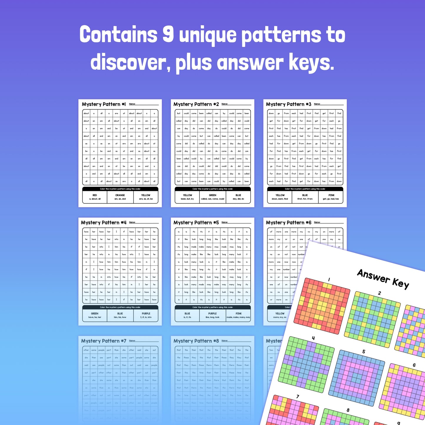 Sight Word Mystery Picture Worksheets with grid puzzles and answer keys. Contains 9 patterns.