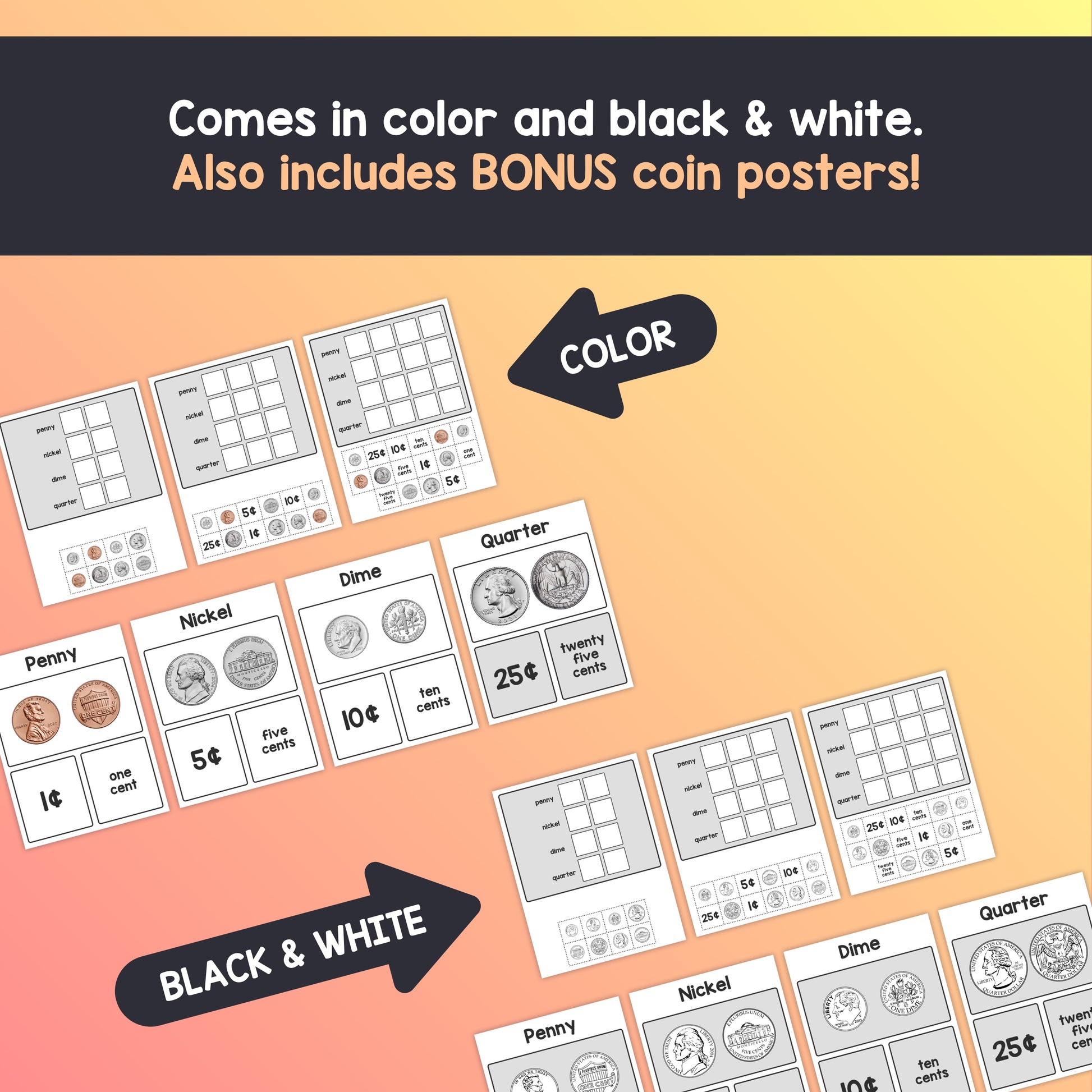 U.S. Coin worksheets and anchor charts for kids