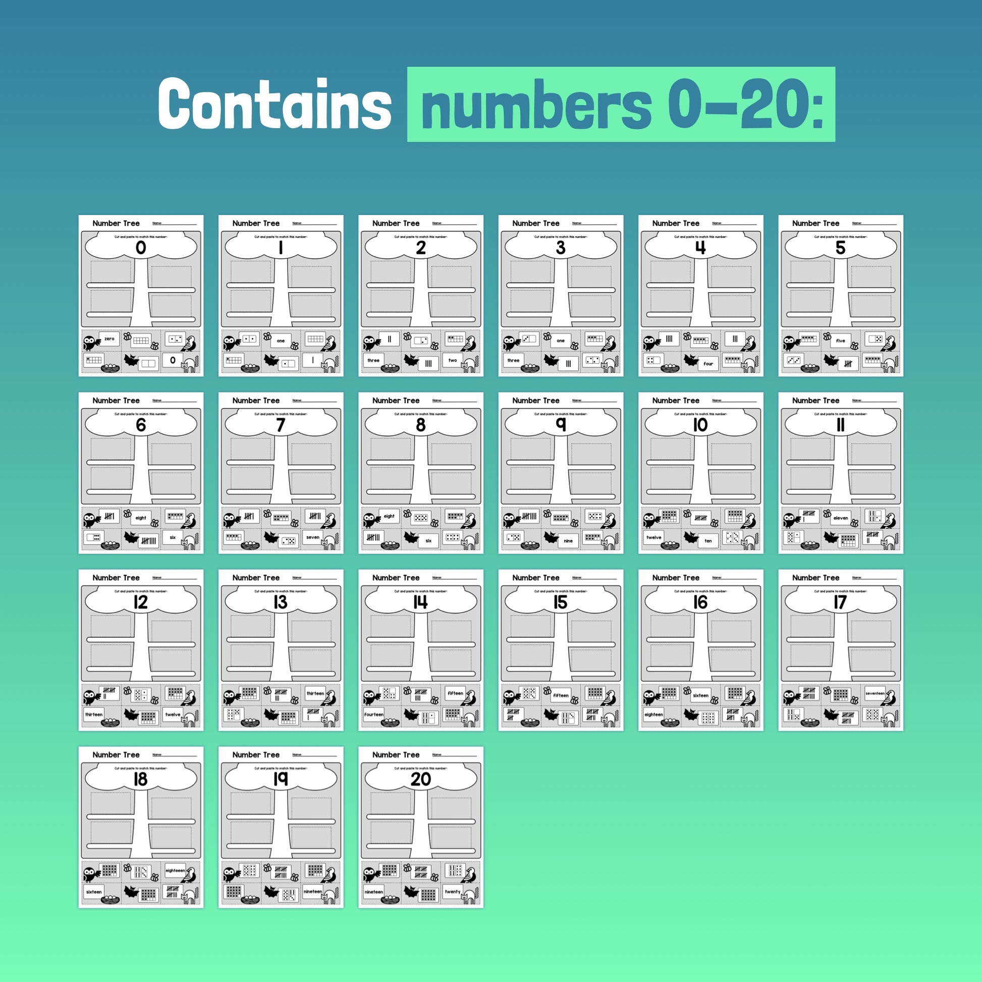 Number Tree Worksheets for numbers 0-20 displayed in a grid.