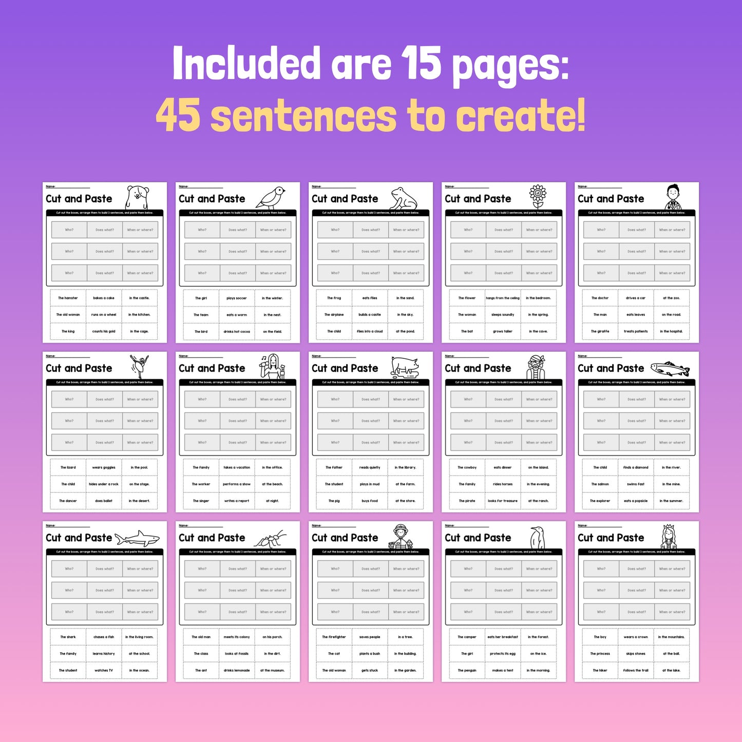 15 pages of cut and paste activities to create 45 unique sentences.