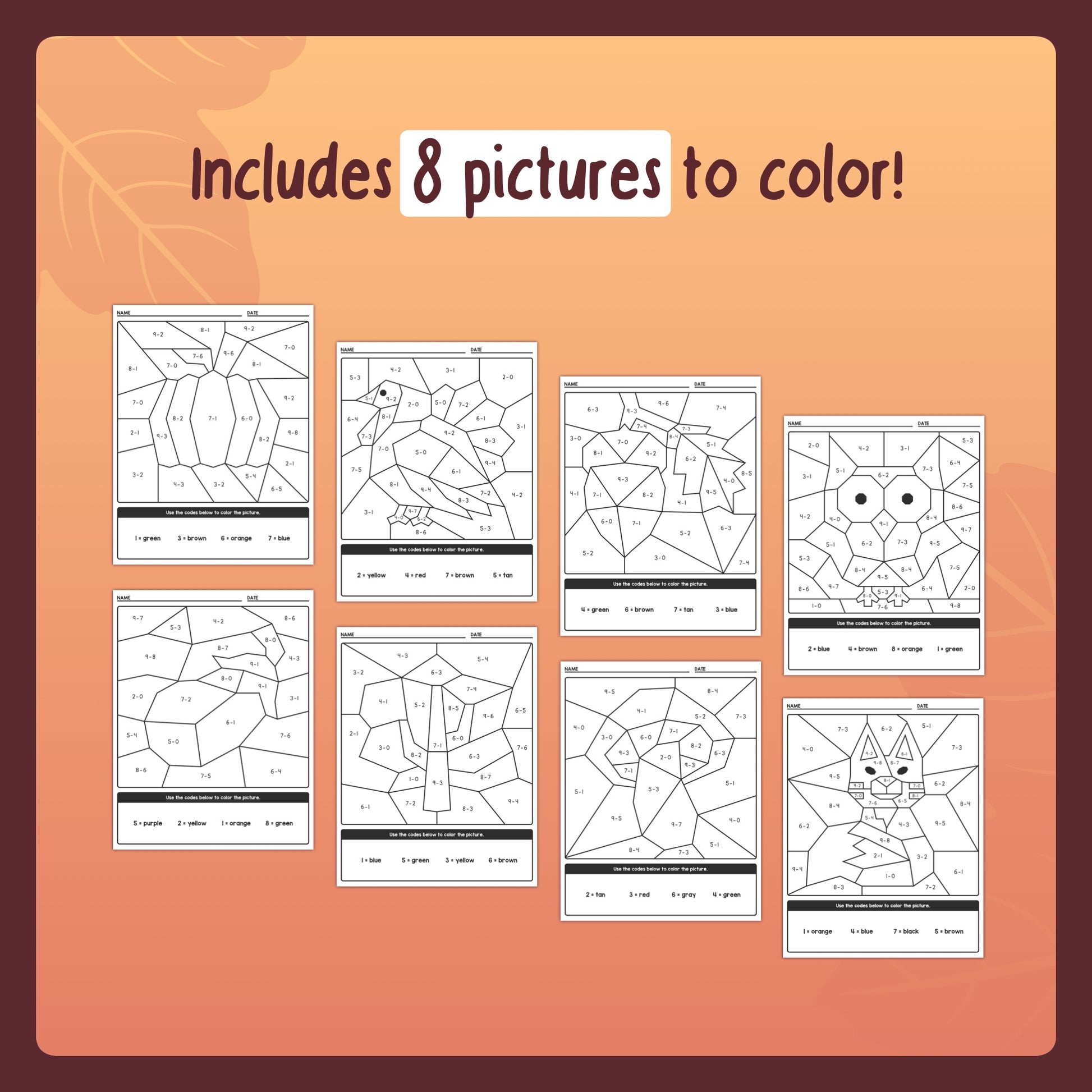 October, November, Halloween, and Thanksgiving subtraction coloring sheets 