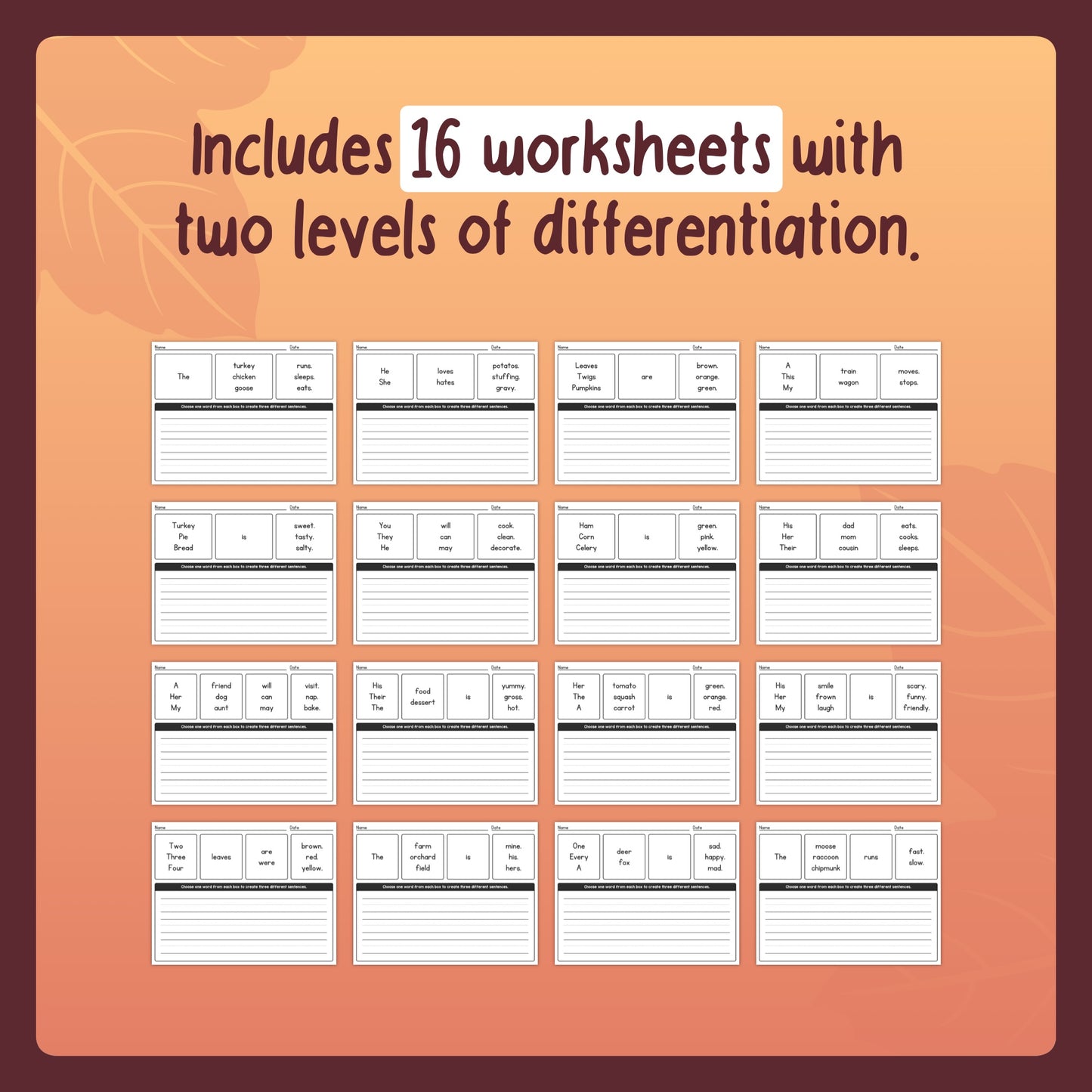 Fall kindergarten, 1st grade, and 2nd grade sentence activities