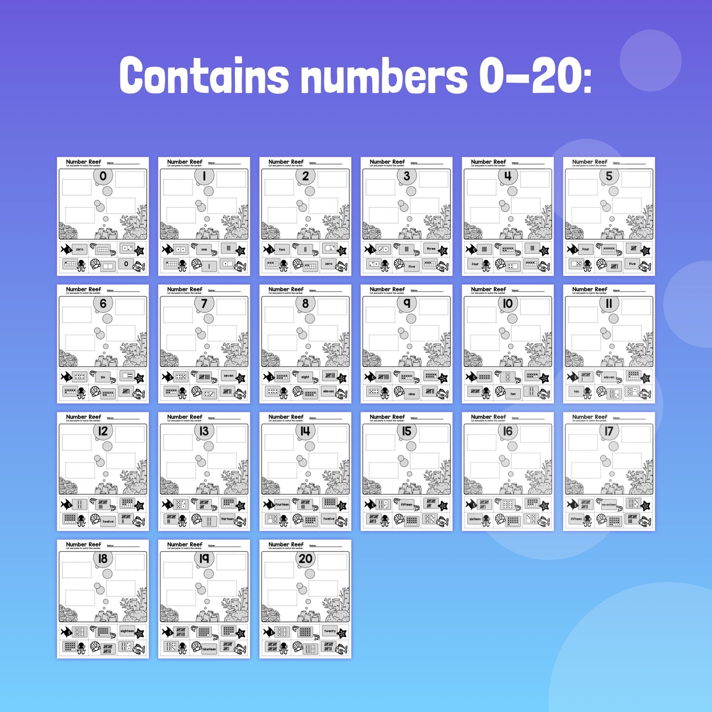 Worksheets displaying numbers 0-20.