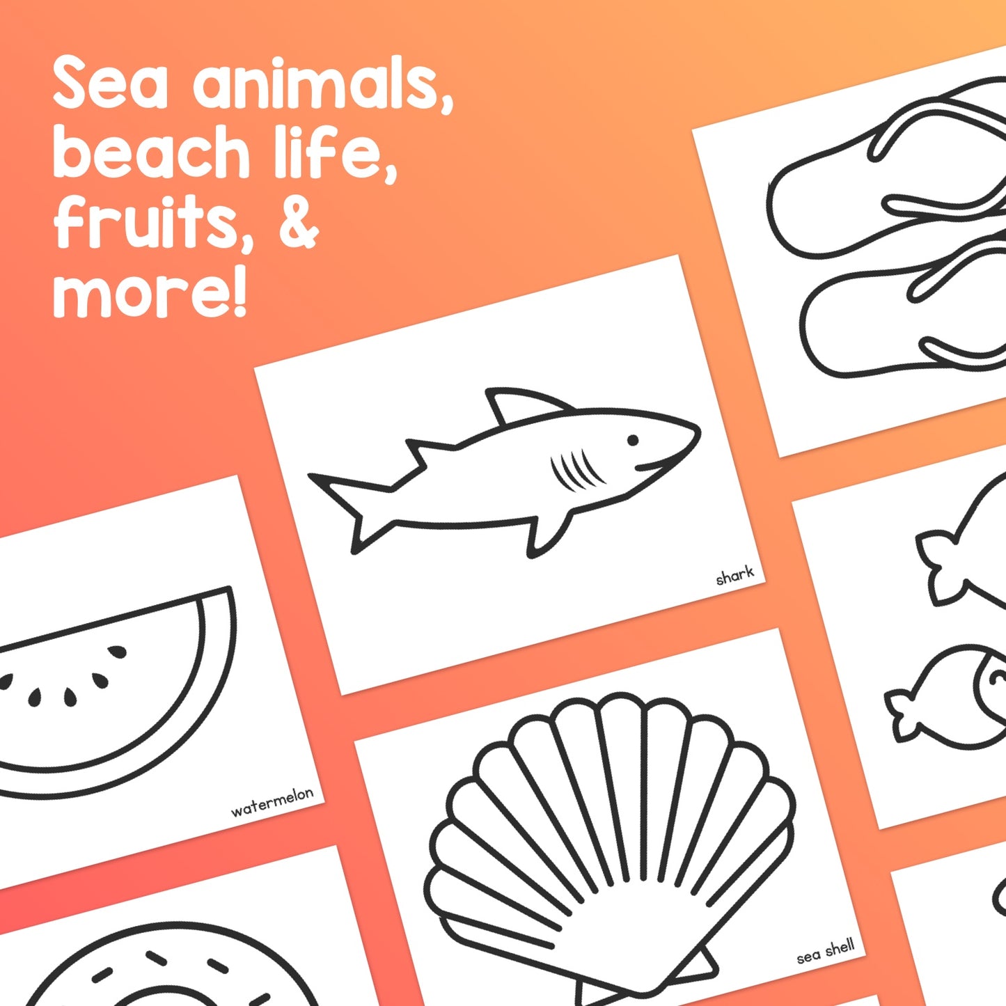 Coloring pages with sea animals, beach items, and fruits.